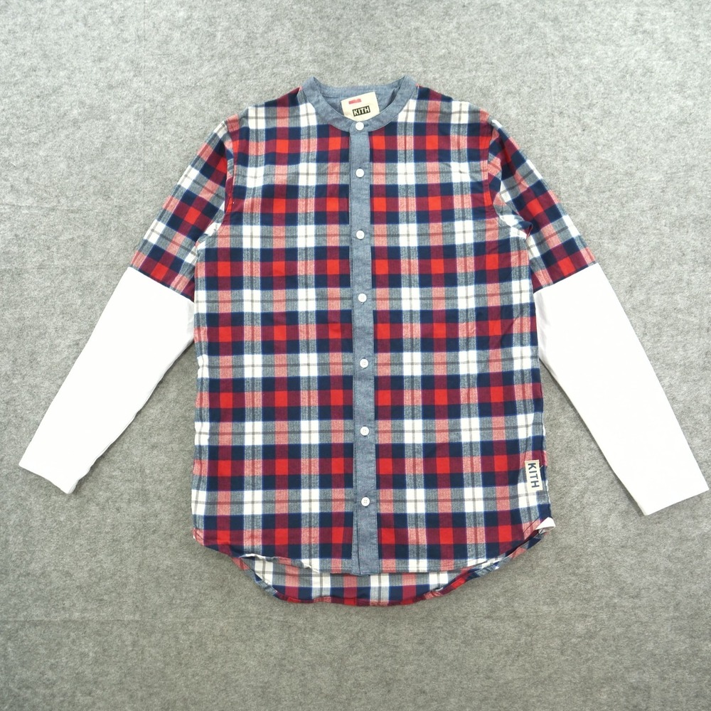 Kith Shirt Mens Large Red Button Flannel Plaid Band Neck Long Sleeve Streetwear